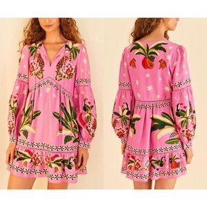 FARM Rio Pink and Green Bishop Sleeve Sundress